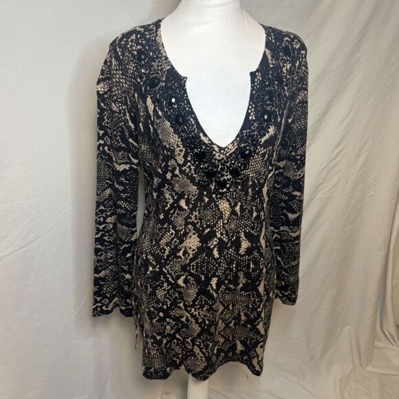 INC International Concepts Snake Print V Neck Sweater Dress Blouse Long Sleeve - Picture 2 of 7
